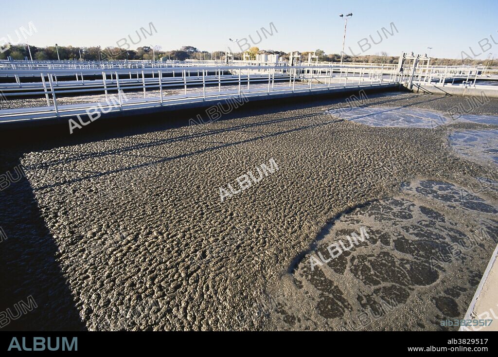 Air is injected and mixed into water in an aeration tank. This is the first step in the "Activated Sludge" water treatment process, in which both air and microorganisms are used to oxidize organic pollutants, producing a waste "sludge" of oxidized material. Photographed at the Southside Water Treatment Plant in Albuquerque, New Mexico.