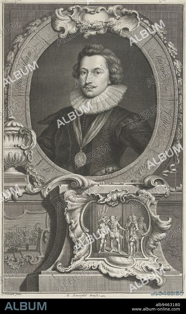 Portrait of George Villiers, 1st Duke of Buckingham, with below the portrait a cartouche depicting the portrayed being stabbed by his assassin John Felton, Portrait of George Villiers, print maker: Jacob Houbraken, (mentioned on object), after: C. Johnson, (mentioned on object), Amsterdam, 1743, paper, etching, engraving, h 361 mm × w 226 mm.