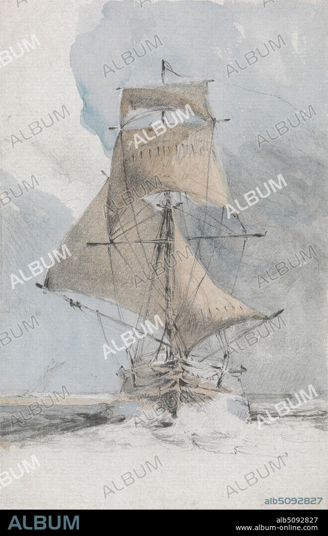 Running before the Wind, François Louis Thomas Francia, 17721839, French, active in Britain, undated, Watercolor over graphite on medium, slightly textured, cream laid paper, Sheet: 5 3/4 x 3 3/4 inches (14.6 x 9.5 cm), marine art, sailing, sails, ship, waves (natural events), wind.