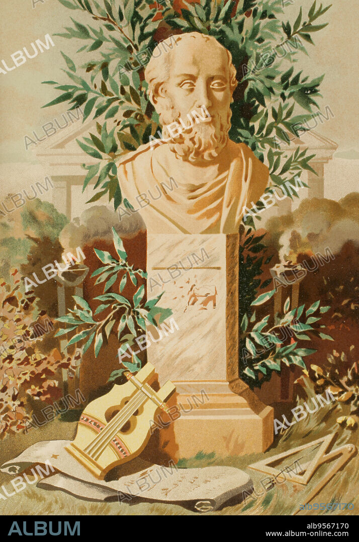 Platón (428/427 a.C.-348/347 a.C.). Filósofo griego. Copia de un busto antiguo de la Galería Uffizi en Florencia, dibujado en la iconografía griega de Visconti. Cromolitografía. Historia Universal, por César Cantú. Tomo III, 1882.