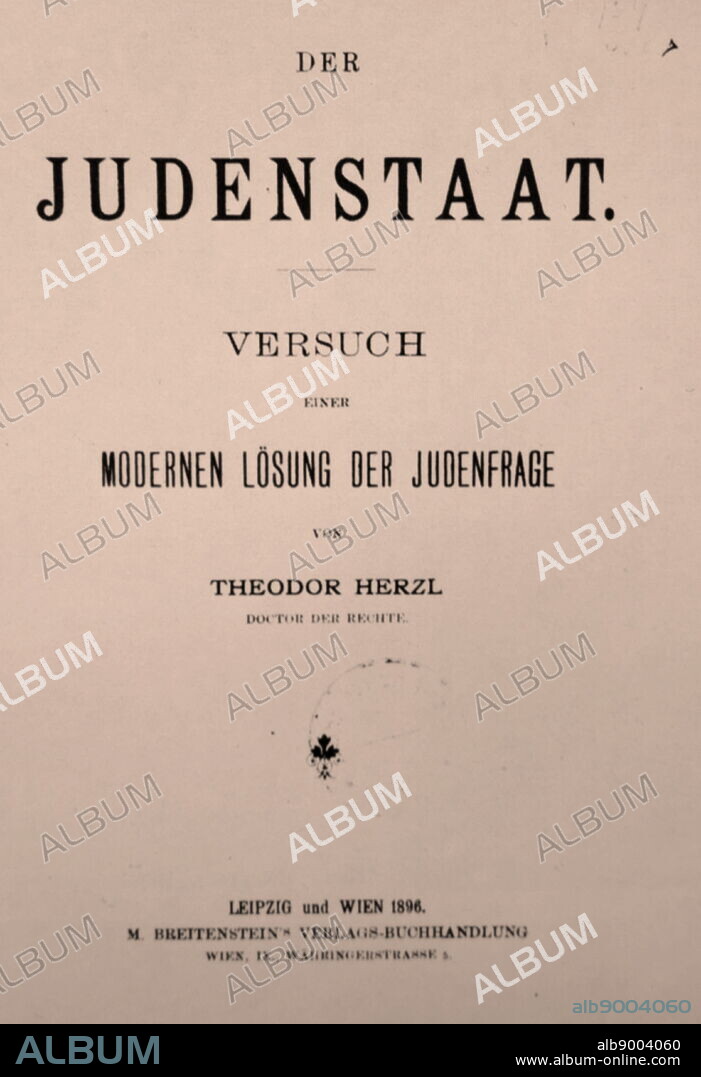 1896 Edition, of Der Judenstaat, by Theodor Herzl, the Austro-Hungarian journalist, who was the father of modern political Zionism. Herzl formed the Zionist Organization and promoted Jewish immigration to Palestine in an effort to form a Jewish state. Der Judenstaat (The Jewish State), is a pamphlet written by Herzl and is considered one of the most important texts of early Zionism. Herzl envisioned the founding of a future independent Jewish state during the 20th century. He argued that the best way to avoid anti-Semitism in Europe was to create this independent Jewish state. The book encouraged Jews to purchase land in Palestine, although the possibility of a Jewish state in Argentina is also considered.".
