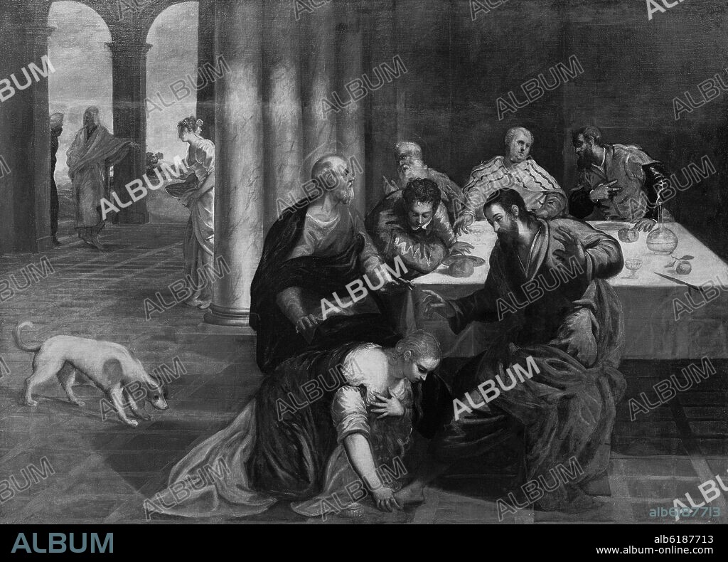 JACOPO COMIN-JACOBO ROBUSTI-TINTORETTO. JESUS EN CASA DEL FARISEO - SIGLO XVI - MANIERISMO VENECIANO - FOTOGRAFIA EN BLANCO Y NEGRO - AÑOS 60.
