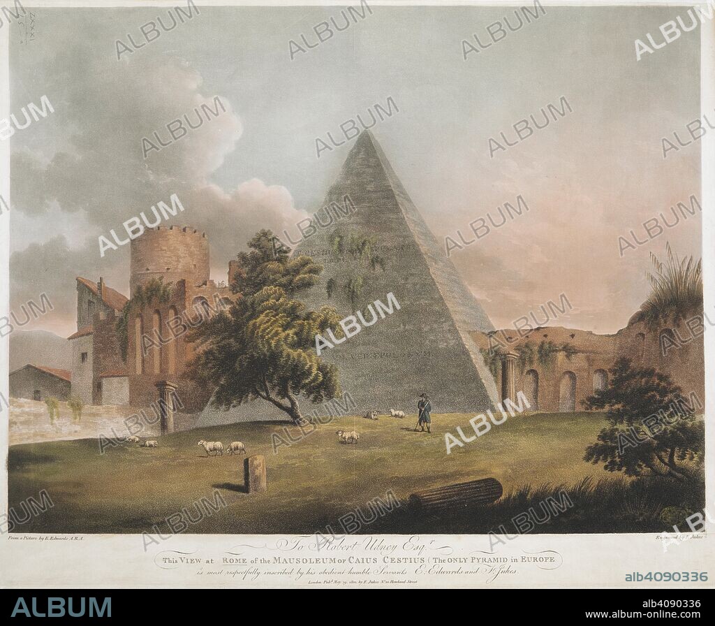 F JUKES. A shepherd looks after his flock in front of the Pyramid of Cestius in Rome, with remains of the Aurelian Walls and part of Porta San Paolo in the background. VIEW at ROME of the MAUSOLEUM of CAIUS CESTIUS (The ONLY PYRAMID IN EUROPE). London : Pub.d May 29. 1801. by F. Jukes No. 10 Howland Street, [May 29 1801]. Hand-coloured aquatint and etching. Source: Maps K.Top.81.45.a. Language: English.