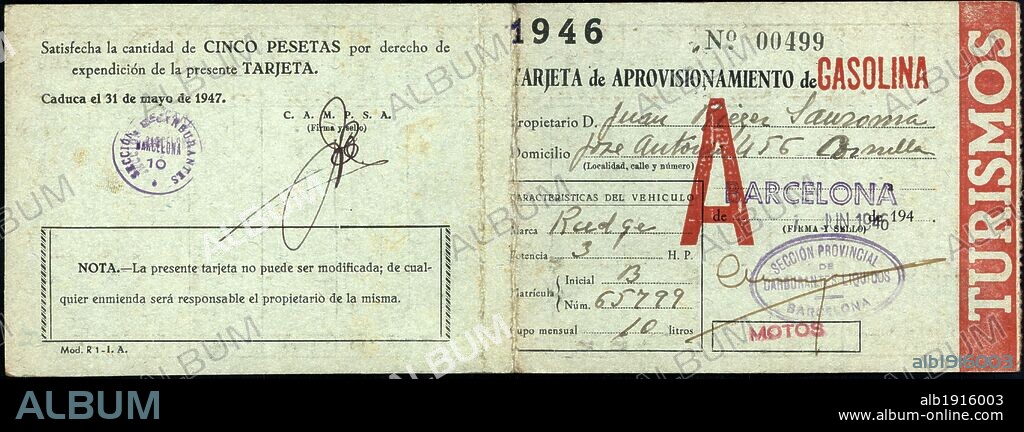 Tarjeta de racionamiento de gasolina. Barcelona, 1946.