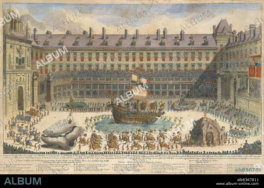 Germany: 'Court Performance and Festive Parade in Honour of the Wedding of Emperor Leopold I with Margaret Theresa of Spain in December 1666', illustration by Francesco Sbarra (1611-1668), c. 1667, Florence. Leopold I (1640-1705) was the second son of Emperor Ferdinand III, and became heir apparent after the death of his older brother, Ferdinand IV. He was elected Holy Roman Emperor in 1658 after his father's death, and by then had also already become Archduke of Austria and claimed the crowns of Germany, Croatia, Bohemia and Hungary.
