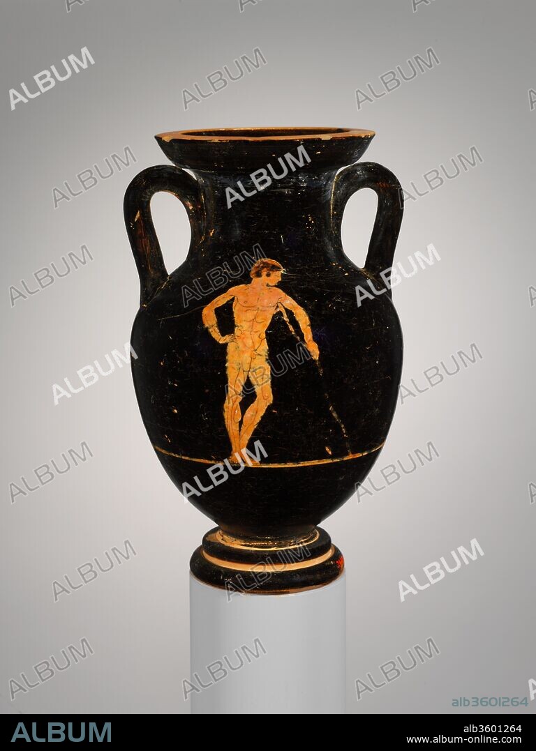 Terracotta amphora (jar). Culture: Etruscan. Dimensions: H. 8 3/16 in. (20.8 cm). Date: early 5th century B.C..
Artists of the Praxias Group, who probably worked in Vulci, were the first Etruscan vase-painters to develop a simpler version of the true red-figure technique. This vase is a good example of their work. The amphora shape is directly borrowed from Greek, specifically Attic, prototypes. The nude youth leaning on a long walking stick that is repeated on each side is a subject perfectly familiar from the Greek repertoire. What is different is the technique.  Here, rather than reserving the figures (painting up to their outline), they are painted in a red-slip over the black-gloss background; then, interior modeling is achieved by incising lines through the superposed red slip.