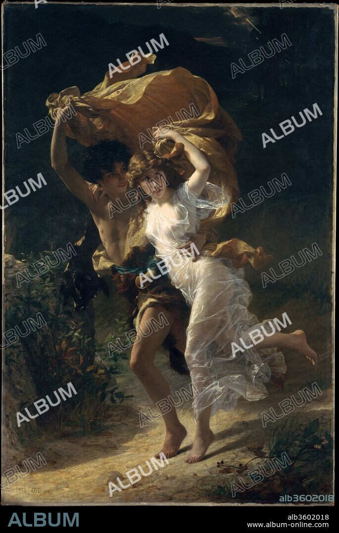 The Storm. Artist: Pierre-Auguste Cot (French, Bédarieux 1837-1883 Paris). Dimensions: 92 1/4 x 61 3/4 in. (234.3 x 156.8 cm). Date: 1880.
When Cot exhibited this painting at the Salon of 1880, critics speculated about the source of the subject. Some proposed the French novel <i>Paul and Virginie</i> by Bernardin de Saint-Pierre (1737-1814), in which the teenage protagonists run for shelter in a rainstorm, using the heroine's overskirt as an impromptu umbrella; others suggested the romance <i>Daphnis and Chloe</i> by the ancient Greek writer Longus. New York collector and Metropolitan Museum benefactor Catharine Lorillard Wolfe commissioned the work under the guidance of her cousin John Wolfe, one of Cot's principal patrons. Like the artist's earlier <i>Springtime</i> (2012.575), it was immensely popular and extensively reproduced.