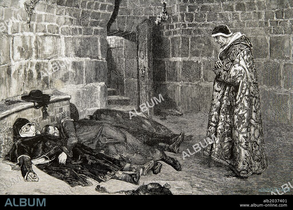 CHARLES BAUDE. CLEMENTE V (1264-1314). Papa número 195 de la Iglesia Católica de 1305 a 1314. Fué el primer Papa que residió en Aviñón. Grabado por Ch. Baude. "La Ilustración Artística", año 1884.