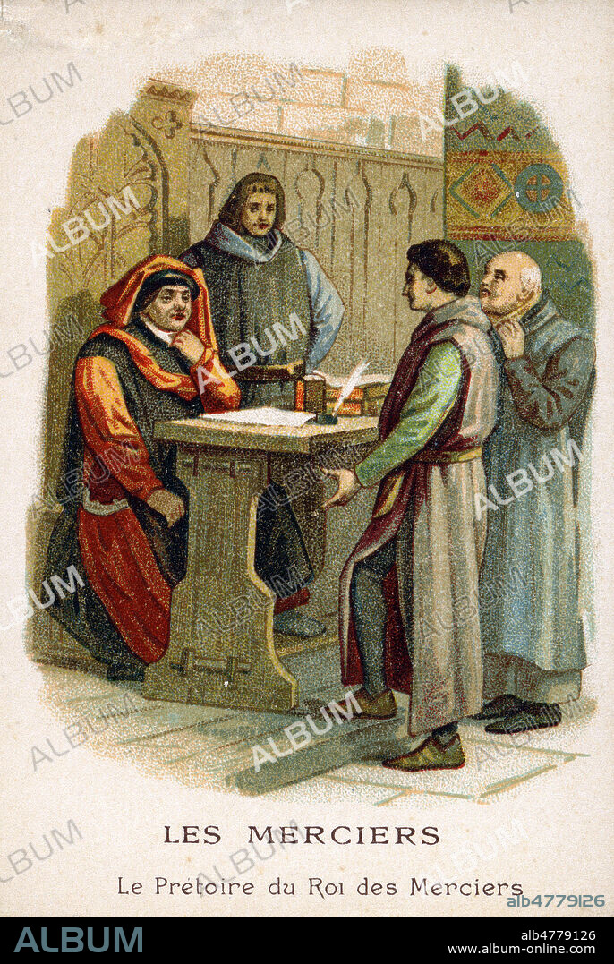 'Les merciers.. Le pretoire du roi des merciers'. Illustration anonyme pour un chromo vers 1900. Credit : Collection IM/KHARBINE-TAPABOR.