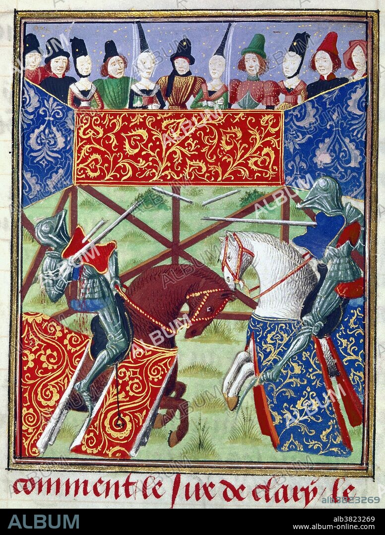 The joust became an iconic characteristic of the knight in Romantic medievalism and hence in the depiction of the Middle Ages in popular culture. Jousting is a martial game between two horsemen and using lances, often as part of a tournament. The primary aim is to strike the opponent with the lance while riding towards him at high speed, if possible breaking the lance on the opponent's shield or armor, or unhorsing him. Jousting emerged in the High Middle Ages based on the military use of the lance by heavy cavalry. It transformed into a specialized sport during the Late Middle Ages, and remained popular with the nobility both in England and Germany throughout the whole of the 16th century. Joust between Pierre de Courtenay and the Sire de Clary. Miniature taken from Froissart's Chronicles (Volume IV, part 1). Originally published, 1470-75.