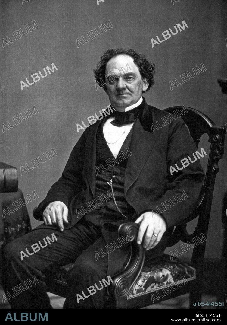 Phineas Taylor "P. T." Barnum (July 5, 1810 - April 7, 1891) was an American showman and businessman. In 1841, he opened "Barnum's American Museum" with a changing series of live acts and curiosities, including albinos, giants, midgets, jugglers, magicians, exotic women, detailed models of cities and famous battles, and, eventually, a menagerie of animals. In 1870, he established "P. T. Barnum's Grand Traveling Museum, Menagerie, Caravan & Hippodrome". In 1881 he merged with James Bailey and the name was shortened to "Barnum & Bailey Circus," which toured the world. No photographer credited, undated (cropped and cleaned).