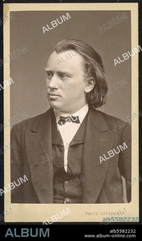 Brahms, Johannes Composer, Hamburg 7.5.1833 - Vienna 3.4.1897. Portrait photo, 1874 (Fritz Luckhardt, Vienna), handwritten on the back:. "Paul Lindau zu freundlichem Gedenkens J. Brahms Wien Nov. 74" (to Paul Lindau in fond memory, J.Brahms, Vienna Nov. 74). Berlin, Sammlung Archiv für Kunst und Geschichte.