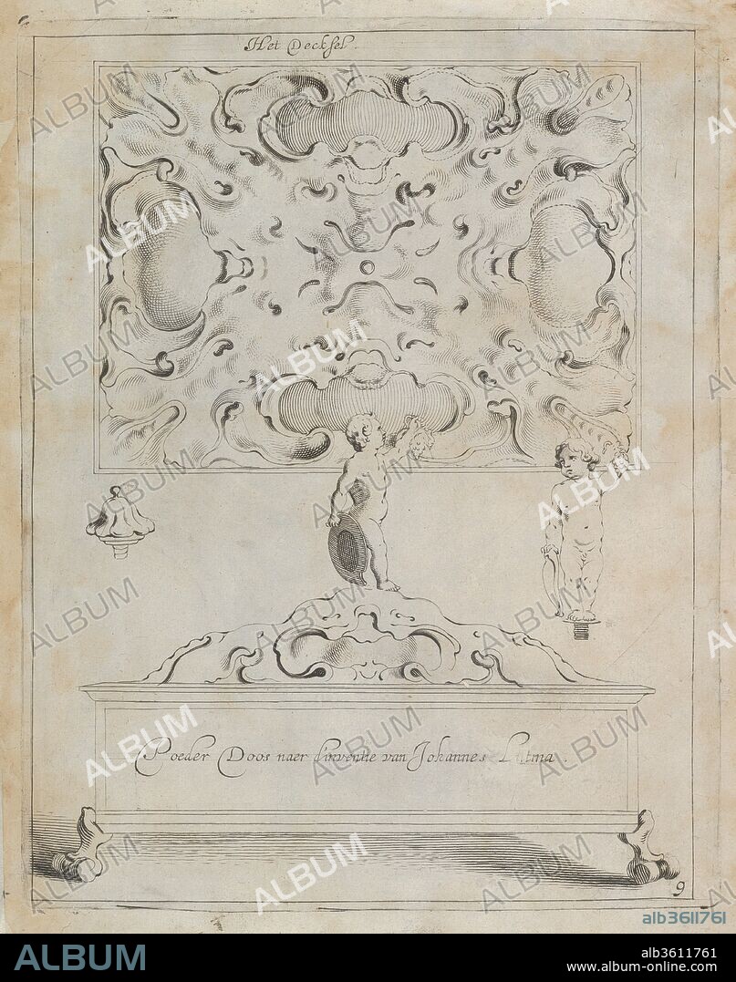 Verscheyde Constige Vindigen om in Gout, Silver, Hout en Steen te wercken (Plate 9). Artist: After Gerbrand van den Eeckhout (Dutch, Amsterdam 1621-1674 Amsterdam); After Johannes Lutma the Elder (Dutch, Emden 1584-1669 Amsterdam). Dimensions: Plate: 10 1/2 × 8 1/4 in. (26.7 × 20.9 cm). Engraver: Engraved by Michiel Mosyn (Dutch, born 1630). Publisher: Published by Cornelis Danckertsz. I (Dutch, ca. 1603-1656). Date: [ca. 1651-53].
The publisher Cornelis Danckerts was clever enough to quickly pick up on the popularity of print series showing designs in the Auricular Style. Taking full advantage of the wide demand, he compiled a series after all the first important protagonists of the style such as the Van Vianen brothers, Van den Eeckhout and Lutma. This design for a silver powder box after Lutma contains a great amount of information about its construction, showing both a side view and the decorations on top of the lid as well as two views of the cupid-shaped grip and a more simple variation.