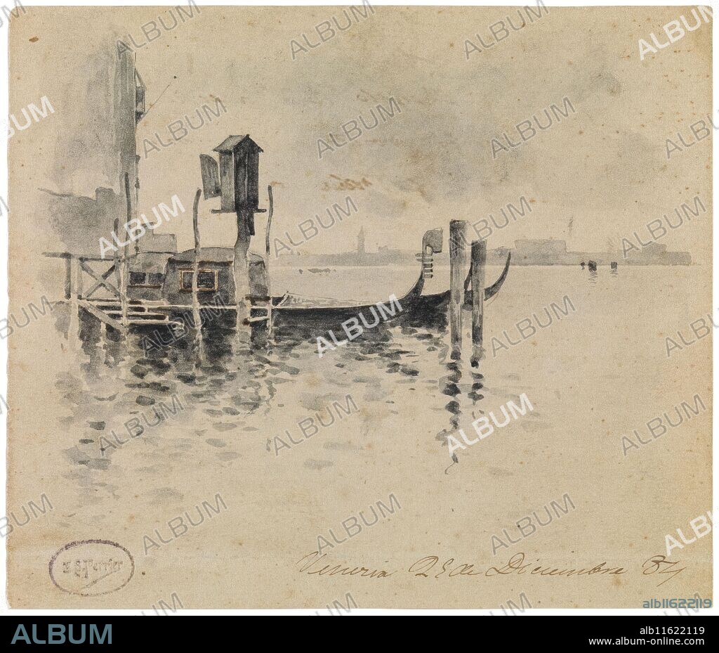EMILIO SÁNCHEZ PERRIER. Emilio Sánchez Perrier (Dibujante) / 'Encabezamiento de una carta: vista de Venecia desde un embarcadero'. 1884. Aguada, Tinta gris sobre papel verjurado, 116 x 136 mm.