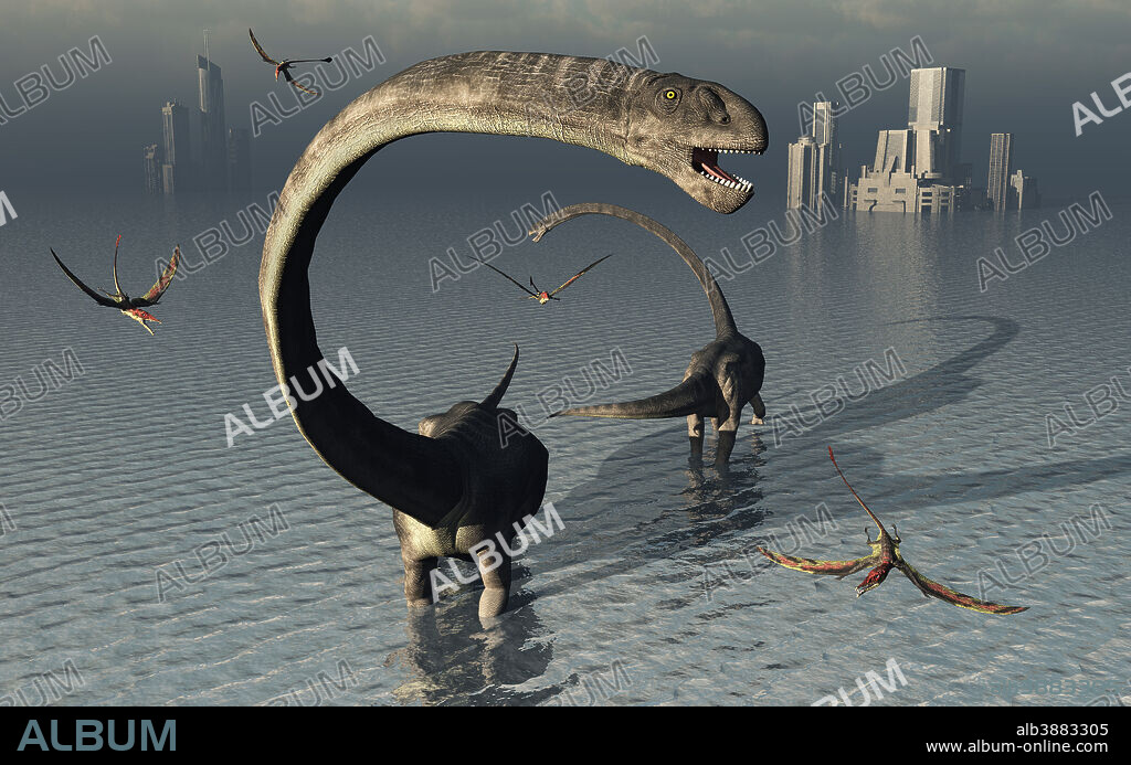 Omeisaurus sauropod dinosaurs cooling off in the Jurassic waters of what is now China.