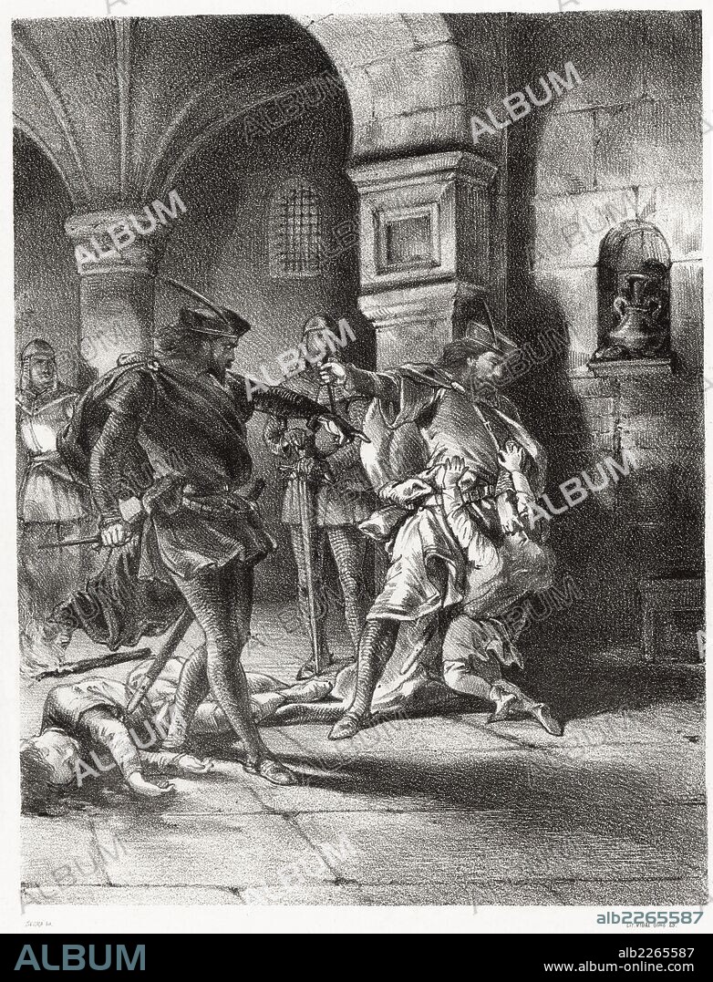 Historia de España. Asesinato de Juan y Pedro Alfonso de Castilla, hermanos bastardos del rey Don Pedro I de Castilla, el Cruel, en 1359. Grabado de 1872.