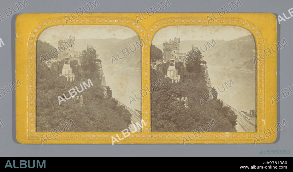 Castle Rheinstein near Bingen and Trechtingshausen, Germany, Bingen, Le Rheinstein, vu des rochers (title on object), Bords du Rhin (series title on object), anonymous, Bingen, 1865 - 1875, photographic support, paper, albumen print, perforating, height 86 mm × width 173 mm.