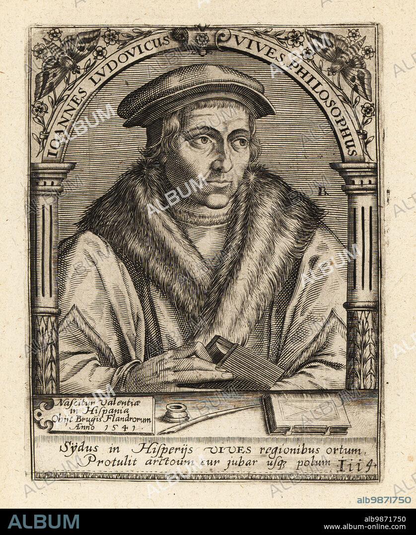 Juan Luis Vives, Spanish humanist and educational theorist, 1493-1540. Joannes Ludocivus Vives Philosophus. Copperplate engraving by Johann Theodore de Bry from Jean-Jacques Boissards Bibliotheca Chalcographica, Johann Ammonius, Frankfurt, 1650.
