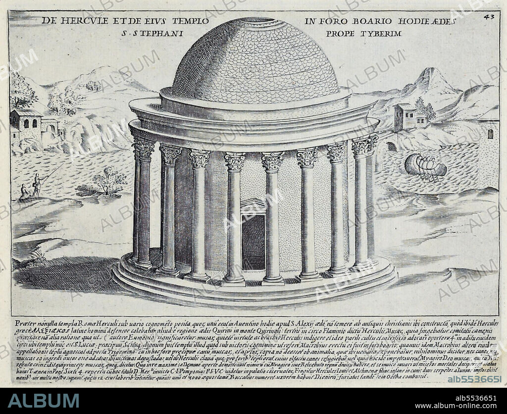 Der Tempel des Herkules-Siegers oder des unbesiegten Herkules oder des Herkulesls, der sich auf der Piazza della Bocca della Verit in Rom befindet, nicht weit vom Tempel des Portunus innerhalb des Forums Boario, historisches Rom, Italien, Splendore Dell' Antica Roma: The Splendors of Rome, Circa 1625 .