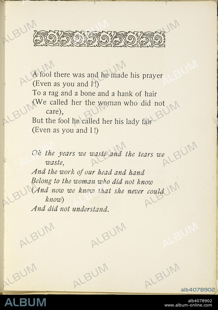 RUDYARD KIPLING. First page of the poem. The Vampire. A poem ... Written for a picture by Philip Burne-Jones exhibited at the New Gallery in London, 1897. [With a reproduction of the picture.]. [Washington : Woodward & Lothrop, 1898]. Source: Cup.402.a.30 First page of the poem.
