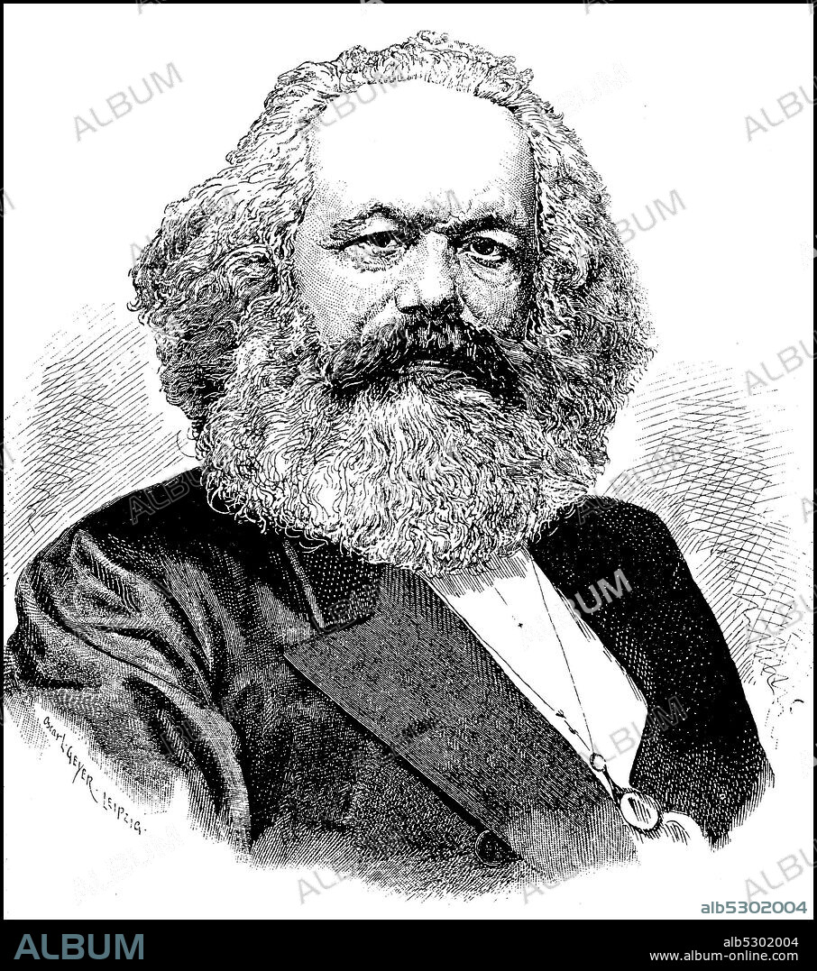Karl Marx, May 5, 1818 - Mar. 14, 1883, was a German philosopher, economist, social theorist, political journalist protagonist of the labor movement, as well as critics of capitalism  /  Karl Marx, 5. Mai 1818 - 14. März 1883, war ein deutscher Philosoph, Ökonom, Gesellschaftstheoretiker, politischer Journalist, Protagonist der Arbeiterbewegung sowie Kritiker des Kapitalismus, Historisch, historical, digital improved reproduction of an original from the 19th century / digitale Reproduktion einer Originalvorlage aus dem 19. Jahrhundert,.