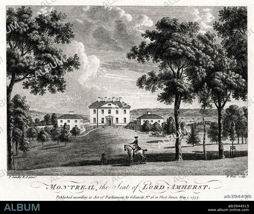 'Montreal, the Seat of Lord Amherst', 1777. Montreal Park at Sevenoaks in Kent, was the seat of Jeffrey Amherst, 1st Baron Amherst (1717-1797). Amherst captured Montreal from the French, hence he named his home Montreal Park.