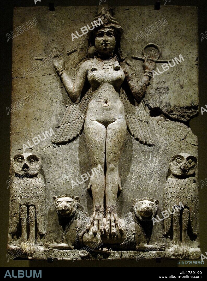 Burney relief. Queen of the Night). Mesopotamian terracotta plaque. High relief o f the Isin-Larsa period or Old-Babylonian period. Winged, nude, goddess-like figure with bird's talons, flanked by owls, and perched upon two lions. 18th-19th centuries BC. British Museum. London, England, United Kingdom.