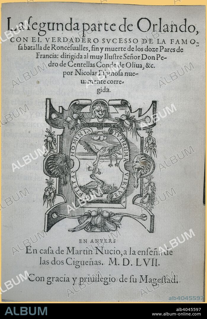 Portada de la segunda parte de la obra Orlando Furioso, de Ludovico Ariosto (1474-1533), traducida al castellano por J. de Urrea. Editada en Amberes, año 1558.