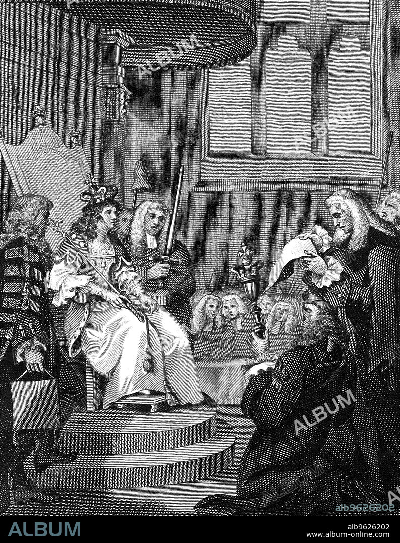 The Act of Union between England and Scotland being read before Queen Anne, 1707 (1826). Anne (1665-1714) was Queen of Great Britain and Ireland from 1702. She was the second daughter of James II and sister of Mary II. The passing of the Act of Union in 1707 made Queen Anne the last monarch to hold the separate titles of Queen of England and Queen of Scotland.