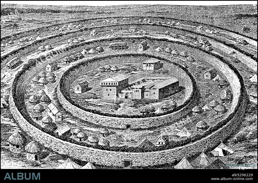 Ring settlement of the Avars, The Avars, Avars, were rulers of a steppe kingdom in the early Middle Ages with the main focus on the Pannonian Plain. Their dominion included today's countries Hungary, Austria, the Czech Republic, Slovakia, Slovenia as well as parts of Poland, Romania, Croatia, Serbia, Bosnia and Herzegovina and Bulgaria, about 800  /  Ringsiedlung der Avaren, Die Awaren, Avaren, waren im Frühmittelalter Herrscher über ein Steppenreich mit dem Schwerpunkt in der Pannonischen Tiefebene. Ihr Herrschaftsgebiet umfasste die heutigen Länder Ungarn, Österreich, Tschechien, Slowakei, Slowenien sowie Teile von Polen, Rumänien, Kroatien, Serbien, Bosnien und Herzegowina und Bulgarien, ca 800, Historisch, historical, digital improved reproduction of an original from the 19th century / digitale Reproduktion einer Originalvorlage aus dem 19. Jahrhundert,.