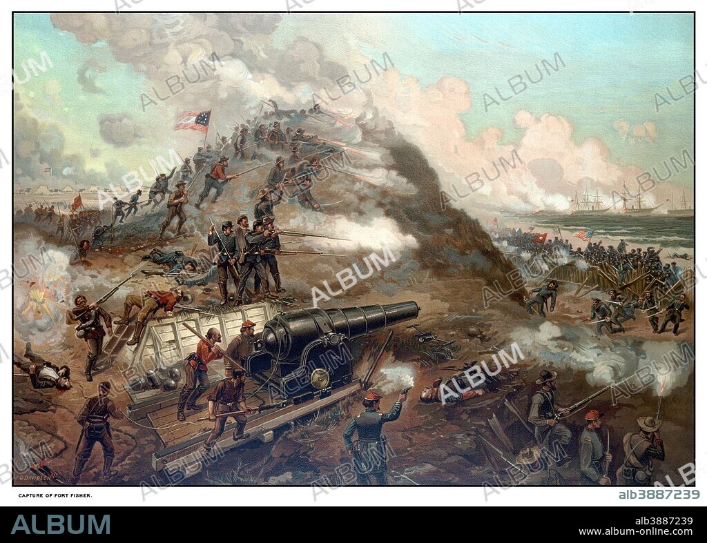 Civil War print depicting the Union Army's capture of Fort Fisher. The capture of Fort Fisher was a joint assault of Union Army and Naval forces. Fort Fisher was refer to as the Gibraltar of the South and was the last major coastal stronghold of the Confederacy. The battle took place January 13 - 15, 1865 outside of Wilmington, North Carolina.