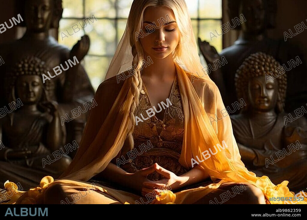 Young blonde woman meditating in a Buddhist temple, Buddha statues behind, AI generated.