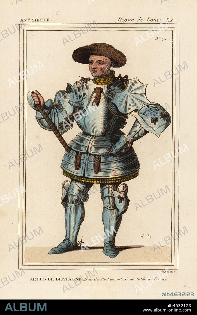 Arthur III Duke of Brittany, Earl of Richmond, Artus de Bretagne, duc de Richemont, connetable de France 1393-1458. Handcoloured lithograph by Leopold Massard after a portrait in Roger de Gaignieres' portfolio VI 48 from Le Bibliophile Jacob aka Paul Lacroix's Costumes Historiques de la France (Historical Costumes of France), Administration de Librairie, Paris, 1852.