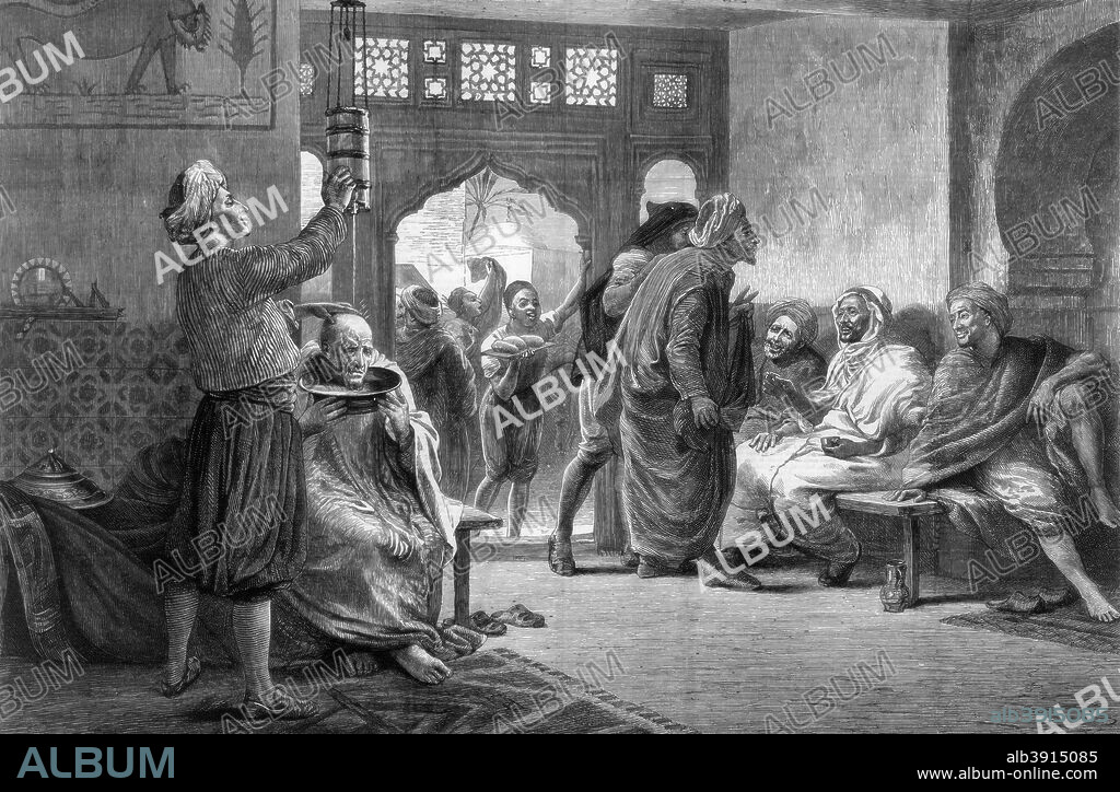 A barber's shop in Tunis, 1875. A print from the The Graphic, (3 July 1875).