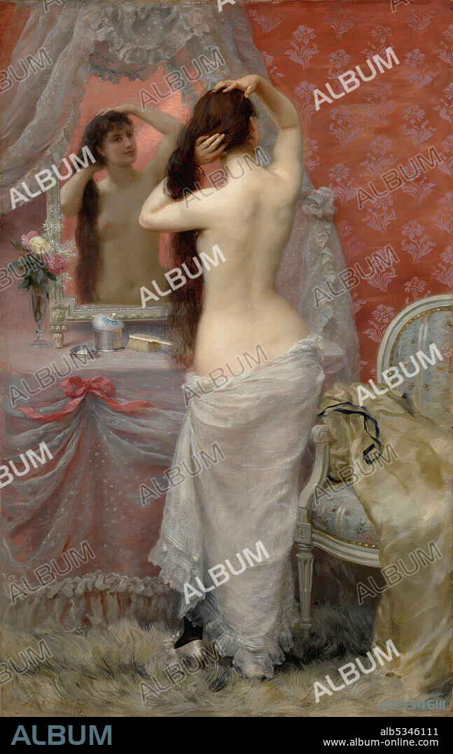 JEAN ANDRE RIXENS. Jeune femme nue se coiffant dans un intérieur.