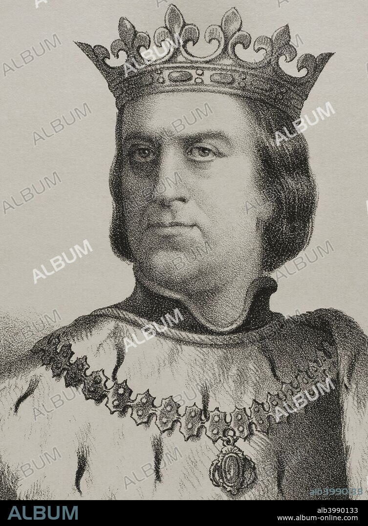 Martín I de Aragón, también llamado el Humano (1356-1410). Rey de Aragón, Valencia, Mallorca, Cerdeña, Sicilia y Conde de Barcelona. Murió sin heredoro al trono. Tras dos años de conflictos se nombró en el Compromiso de Caspe, a Fernando I (Dinastía Trastámara) como sucesor. Dibujo por llanta. Litografía, detalle. Crónica General de España, Historia Ilustrada y Descriptiva de sus Provincias. Cataluña, 1866. Biblioteca Histórico Militar de Barcelona. Cataluña, España.