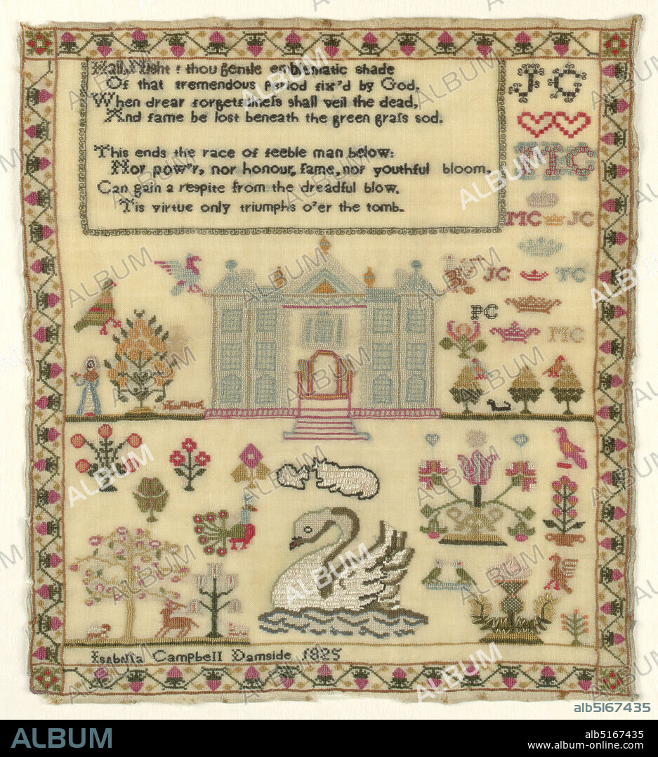 Sampler, Isabella Campbell, Scottish, Medium: silk and wool embroidery on wool foundation Technique: embroidered in cross, stem, and satin stitches on plain weave foundation, Large building in center with flowers, animals, and large swan at bottom. Text: 'Hail, Night! Thou gentle emblematic shade/ Of that tremendous period fix'd by God,/ When Drear forgetfulness shal veil the dead,/ And fame be lost beneath the green grass sod./ This ends the race of feeble man below;/ Nor pow'r, nor honour, frame nor youthful bloom,/ Can gain a respite from the dreadful blow./ Tis virtue only triumphs o'er the tomb.', Auchterarder, Scotland, 1825, embroidery & stitching, Sampler.