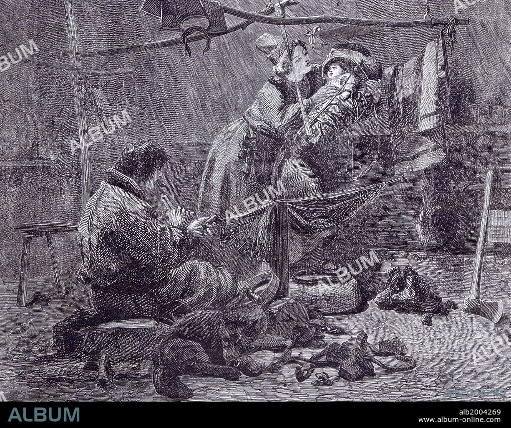 Fisherman's hut with family in Lapland by J.F. Hockert, 1862, swedish painter; sweden; scandinavia; lapp interior; arctic region; fisherman; pretty wife; swedish settlers; laplanders;young couple; conical headdress; bag; worsted balls; chatelaine; housewife; girdle; reindeer dog; high latitude; long and dreary winter; happiness; relationship; tender; delightful; adventure; story; wild scandinavian tales; legends;songs; cheerful winter fires; content; pipe; net-making;birch-bark cradle; hassock; swinging; sleep; maternal felicity;adorable; beautiful; captivating; heavenly; lovely; pleasing; smoking; moses basket; cot; crib; babyhood; immigrant; foreigner; incomer; outsider; home; rural area; isolation; outback.