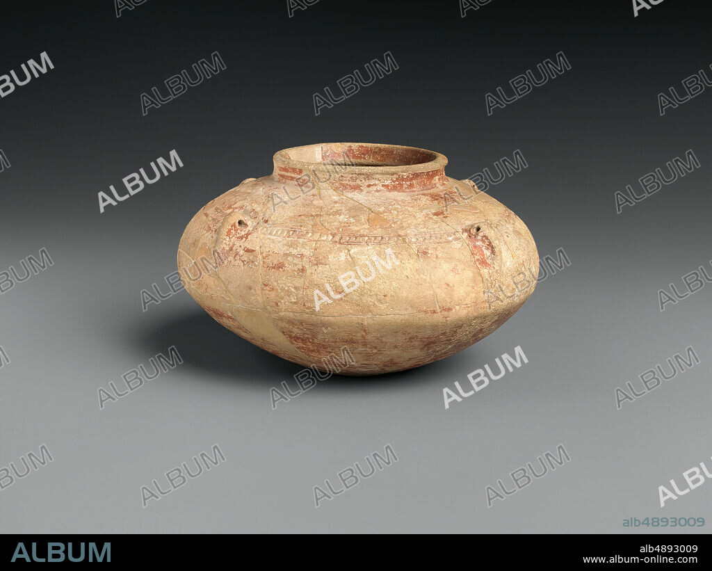 Squat jar with pierced lug handles, Middle Uruk, Date ca. 36003400 B.C., Mesopotamia, Nippur, Ceramic, paint, 2.87 in. (7.29 cm), Ceramics-Vessels.