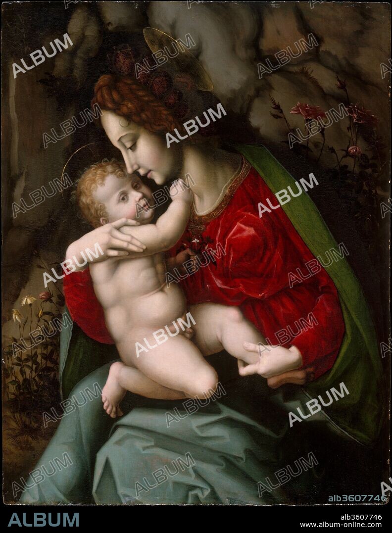 Madonna and Child. Artist: Bachiacca (Francesco d'Ubertino Verdi) (Italian, Florence 1494-1557 Florence). Dimensions: 34 1/4 x 26 1/2 in. (87 x 67.3 cm). Date: possibly early 1520s.
Bachiacca was a friend and associate of Andrea del Sarto, and collaborated with him and Francesco Granacci on a memorable series of paintings for a bedroom in Florence. This devotional painting shows the Madonna and Child amidst a selection of carefully depicted flowers--jasmine, cornflower, rose, and sweetbriar--all of which were symbols of the Virgin or Christ in the Renaissance. The composition, also the basis for paintings by Granacci, one of which is exhibited in this gallery, was inspired either by a relief sculpture by Donatello or, more likely, a drawing by Michelangelo, with whom both painters were acquainted.