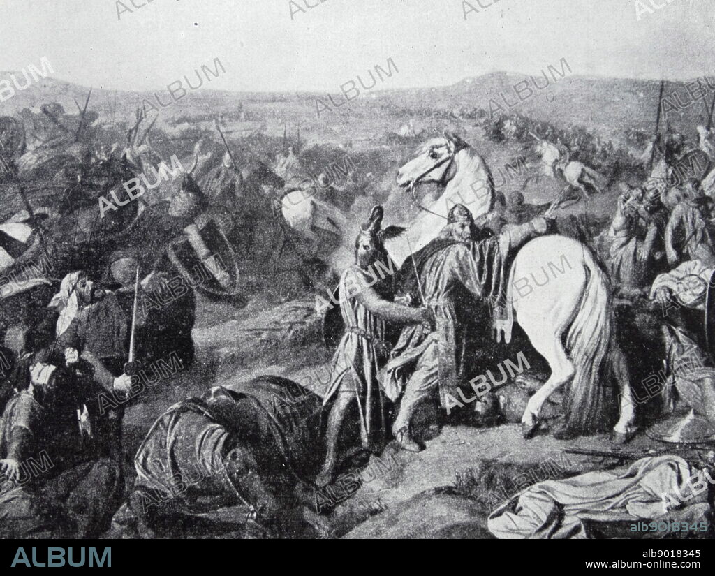 Painting depicting the Battle of Sagrajas (1086) a battle between the Almoravid army led by the Almoravid king Yusuf ibn Tashfin and a Christian army led by the Castilian King Alfonso VI. Dated 11th Century.