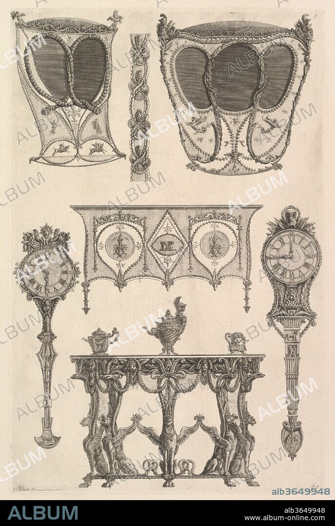 A sedan chair, a coach, a commode, a side table and two clocks (Deux ch. à porteurs v. de côté, une commode, une console, deux pedules, un meuble indét), from Diverse Maniere d'adornare i cammini ed ogni altra parte degli edifizi...(Different Ways of ornamenting chimneypieces and all other parts of houses). Artist: Giovanni Battista Piranesi (Italian, Mogliano Veneto 1720-1778 Rome). Dimensions: Sheet: 21 5/8 x 15 3/16 in. (55 x 38.5 cm)
Plate: 15 1/4 x 9 13/16 in. (38.8 x 25 cm). Series/Portfolio: Diverse Maniere d'adornare i cammini ed ogni altra parte degli edifizi desunte all'architettura Egizia, Etrusca, e Greca con un Ragionamento apologetico in defesa dell'Architettura Egizia, e Toscana, opera del Cavaliere Giambattista Piranesi Architetto. Date: ca. 1769.