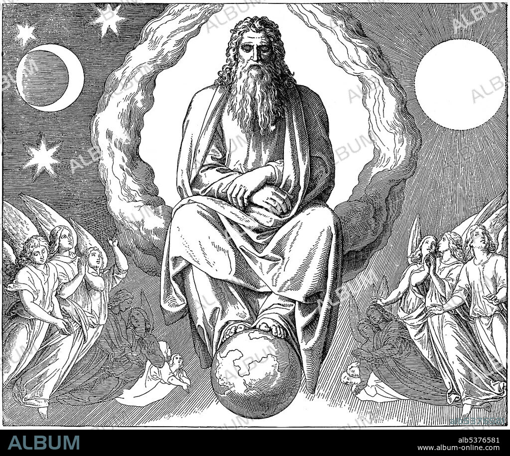 Woodcut, God, The Sixth Day of Creation, God created the land creatures and the humans, Genesis, 2, 7, creation of the world, Old Testament, Catholic Picture-Bible