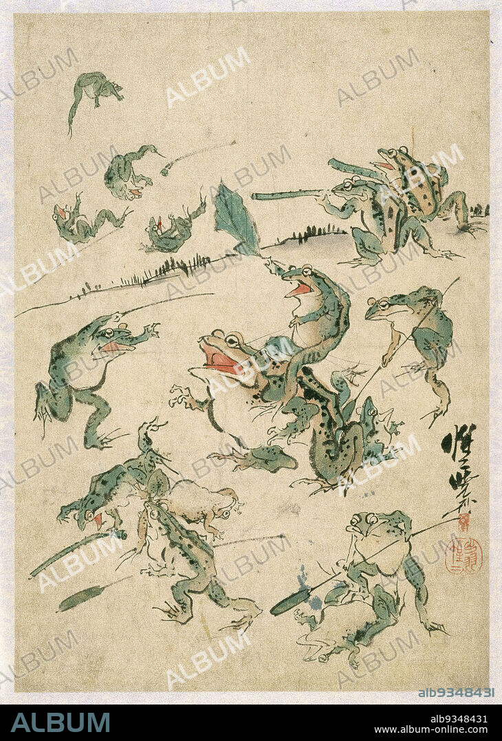 Sketch, Kawanabe Kyosai, Japanese, 1831-1889, Ink, paper, Japan, 19th century, Meiji Period, Sheet: 17 13/16 x 13 9/16 in., 45.2 x 34.5 cm, allegory, fable, frogs, Kawanabe Kyosai, symbolism.