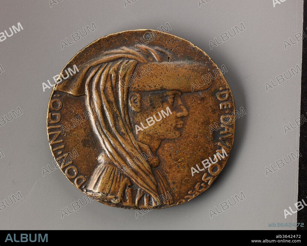 Medal:  Don Inigo d'Avalos. Artist: Pisanello (Antonio Pisano) (Italian, Pisa or Verona by 1395-1455). Dimensions: Diam. 7.7 cm, wt. 145.88 g.. Date: model ca. 1449-50 (old aftercase).
Active in Verona and the Italian courts, the celebrated master Pisanello left behind a significant legacy, including a large corpus of drawings, several paintings, and the devopment of the Renaissance portrait medal.  Inspired by Roman coins, with their portraits of rulers and allegorical representations on the reverse, the medals commemorated individuals or events and functioned as gifts and mementoes. Pisanello's medal of Don Inigo d'Avalos, grand chamberlain and military general to Alfonso V of Naples, depicts the sitter wearing a fur-trimmed robe and a hat composed of a rolled hood (cappuccio) and long draped portion. The image on the reverse - a spherical earth with the sea and starry sky -- may have been inspired by Homer's description of the shield of Achilles in the ancient Greek poem, the Iliad. This interpretation would celebrate d'Avalos' military prowess; however, the image may also have astrological or biblical significance, alluding to the creation of the world or the influence of the stars. Above, flanked by two blossoming rose branches is a shield with a triple-towered castle, the arms of Avalos. This old aftercast has much wear, and the lower edge is missing.