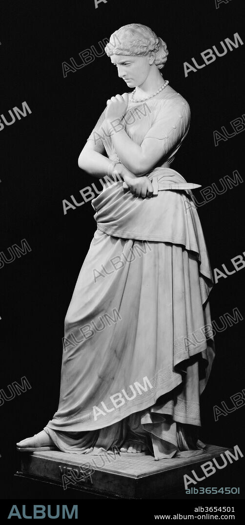 Medea. Artist: William Wetmore Story (American, Boston, Massachusetts 1819-1895 Vallombrosa). Dimensions: 82 1/4 x 26 3/4 x 27 1/2 in. (208.9 x 67.9 x 69.9 cm). Date: 1865; carved 1868.
In the ancient Greek tragedy by Euripides, Medea was the sorceress who assisted Jason in obtaining the Golden Fleece and later became his wife. When he abandoned her, Medea murdered their two children and planned the death of his new love, Creusa. To nineteenth-century theater audiences, Medea was a sympathetic character forced to choose between relinquishing her children and protecting them by destroying them herself. Story similarly deemphasized Medea's revenge, leaving to the viewer's imagination the scene of infanticide to come.