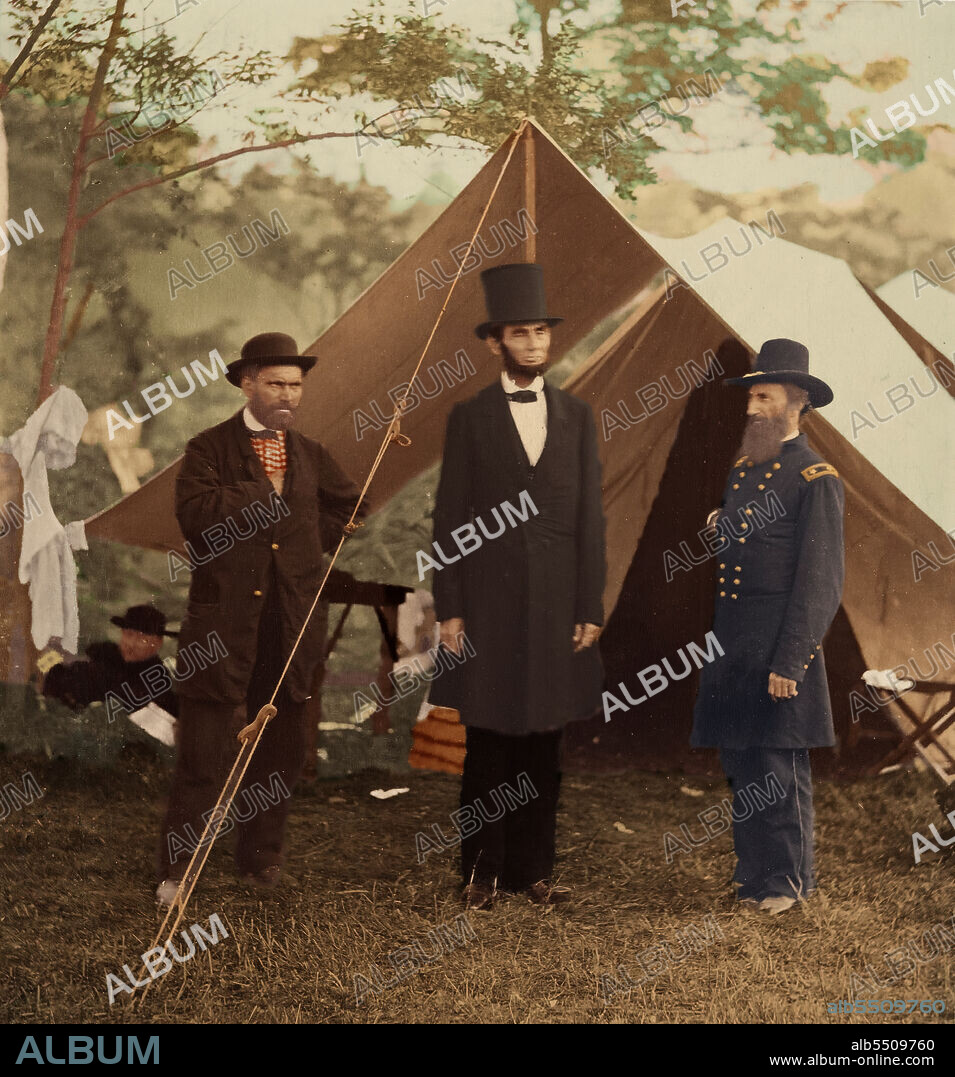 ALEXANDER GARDNER. [President Abraham Lincoln, Major General John A. McClernand (right), and E. J. Allen (Allan Pinkerton, left), Chief of the Secret Service of the United States, at Secret Service Department, Headquarters Army of the Potomac, near Antietam, Maryland], October 3, 1862. (Colorised black and white print).