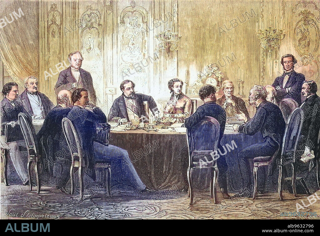 a meeting of ministers at the Palais de Fontainebleau, Council of Ministers, meeting, 1869, France, Historical, digitally restored reproduction of an original artwork from the 19th century, exact original date unknown.