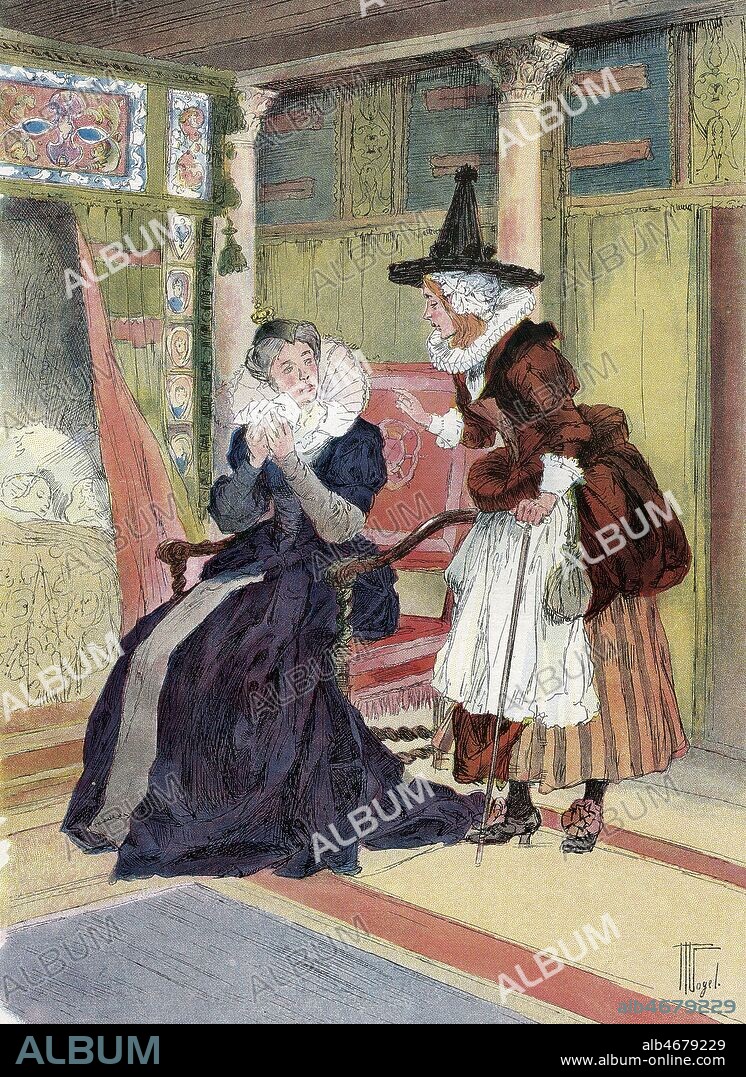 RIQUET A LA HOUPPE, conte de Perrault: 'la bonne fee console la reine' Illustration de Hermann VOGEL (1856-1918) in Bibliotheque de la Jeunesse et de l'enfance, Edition Martinet, vers 1910. Credit Collection Kharbine Tapabor.