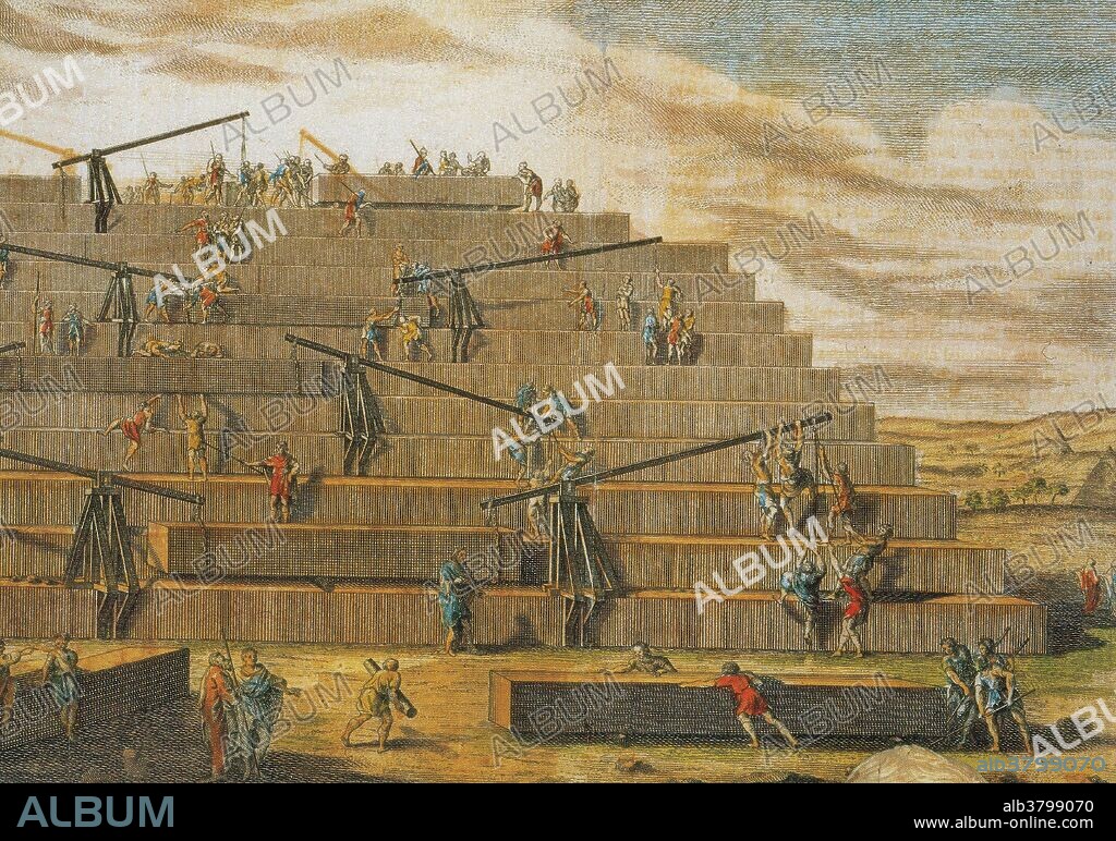 1759 lithograph by Gouget a French artist showing a possible reconstruction of the method described by Herodotus in his History of the techniques used for building the pyramids of Giza. He asserted that the ancient laborers managed to hoist massive limestone blocks forming the monument into place thanks to a system of machines built with short wooden beams.